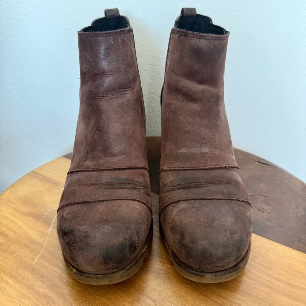 Sorel Lea Burgundy Wedge Booties Leather Pull On Boots Outdoor Fall Winter